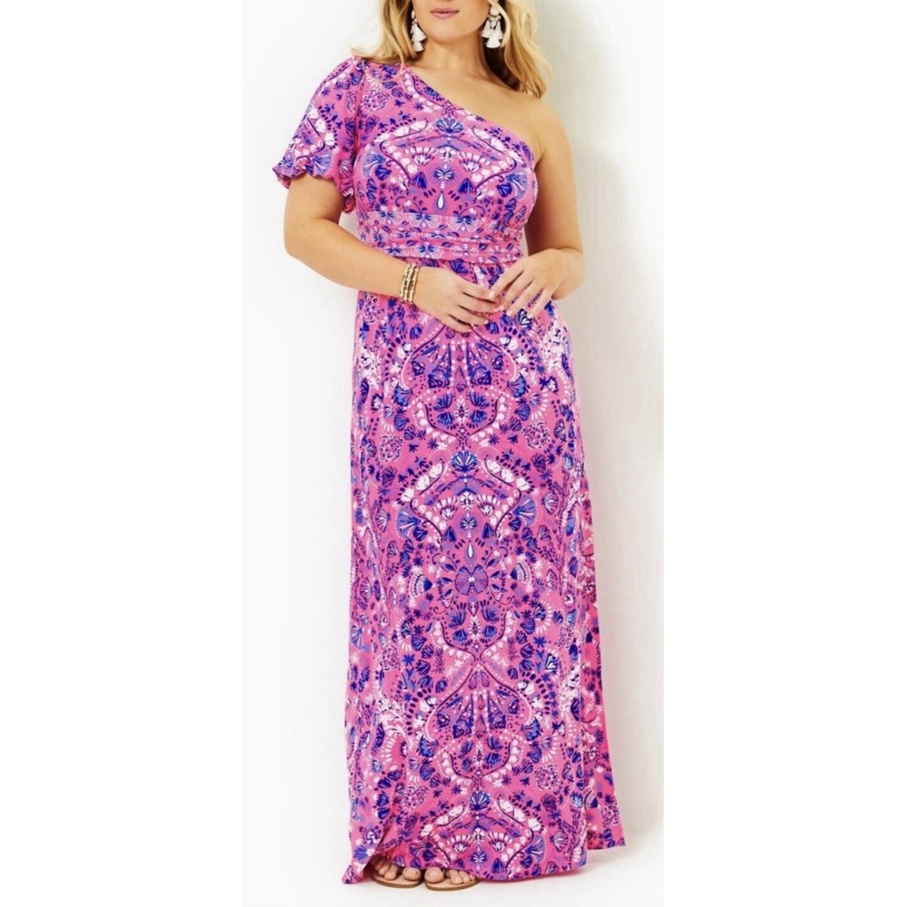 NWT Lilly Pulitzer Solana One Shoulder Maxi Dress XL Havana Pink Turtle Coastal